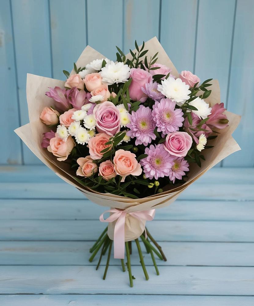 Букет цветов из: Хризантемы, Розы и Альстромерии в Спутник
