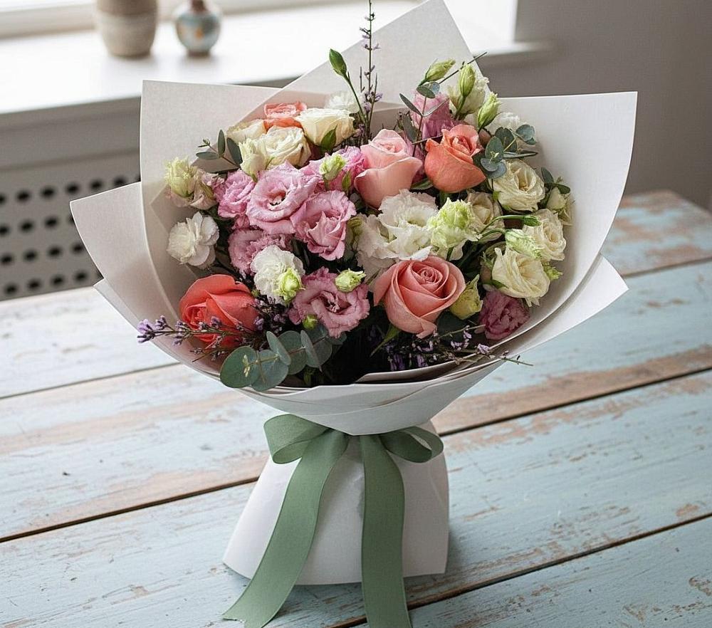 Букет цветов из: Розы, Лизиантусы и Гвоздики в Спутник