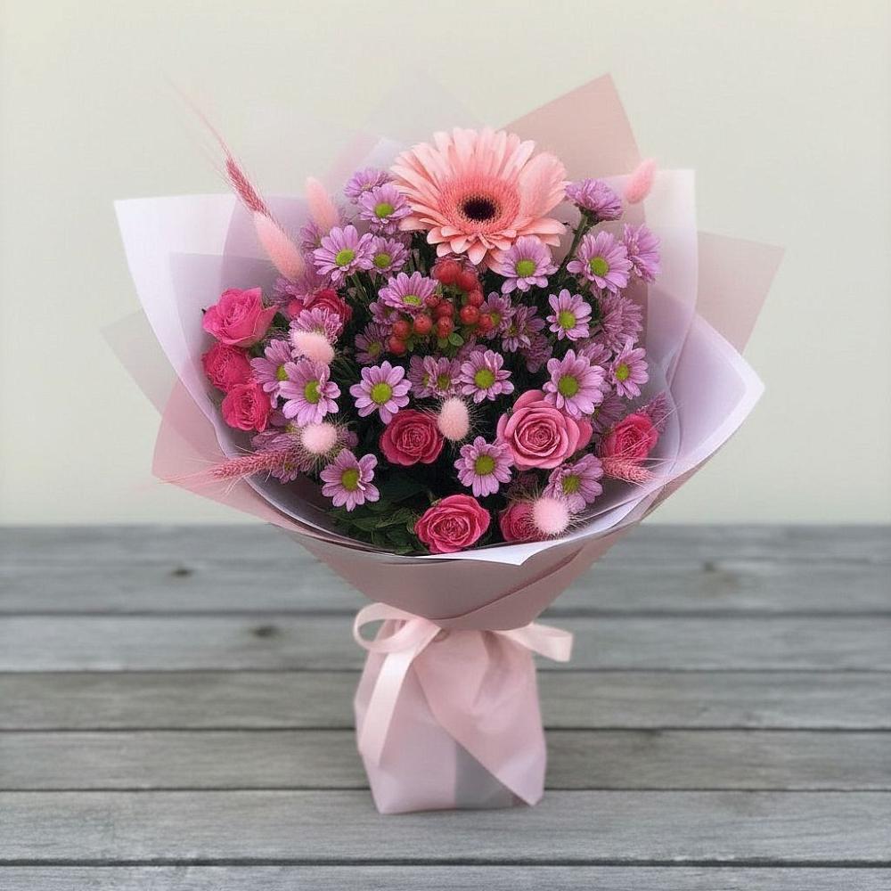 Букет цветов из: Розы, Герберы и Хризантемы в Спутник