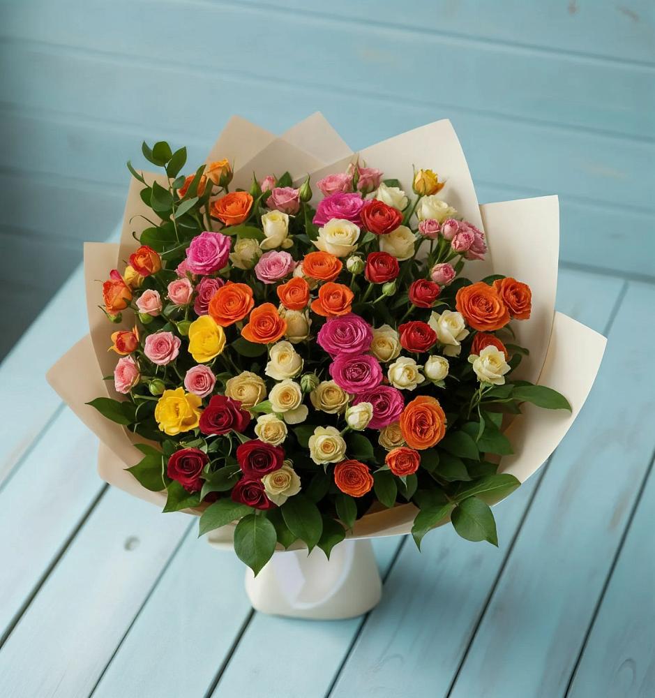 Букет Микс из разноцветных кустовых роз в Спутник