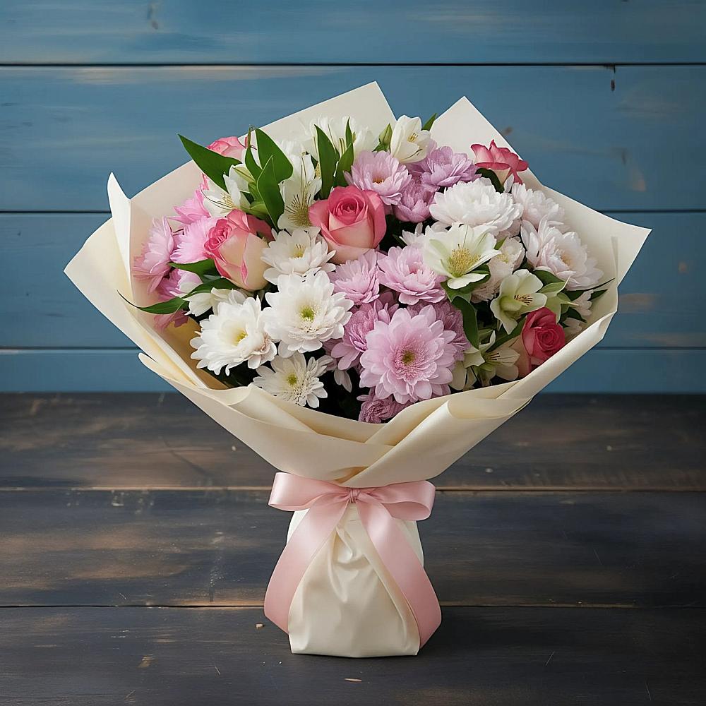 Букет цветов из: Хризантемы, Альстромерии и Розы в Спутник